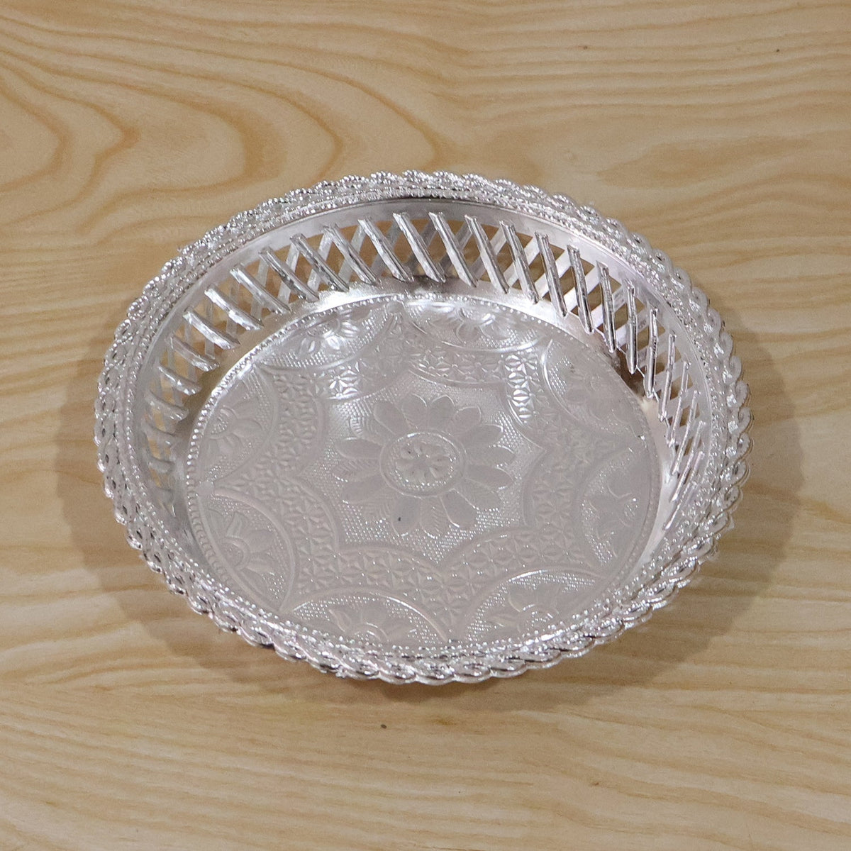 Decorative Silver Serving Tray – Elegant Round Floral Design – view 9