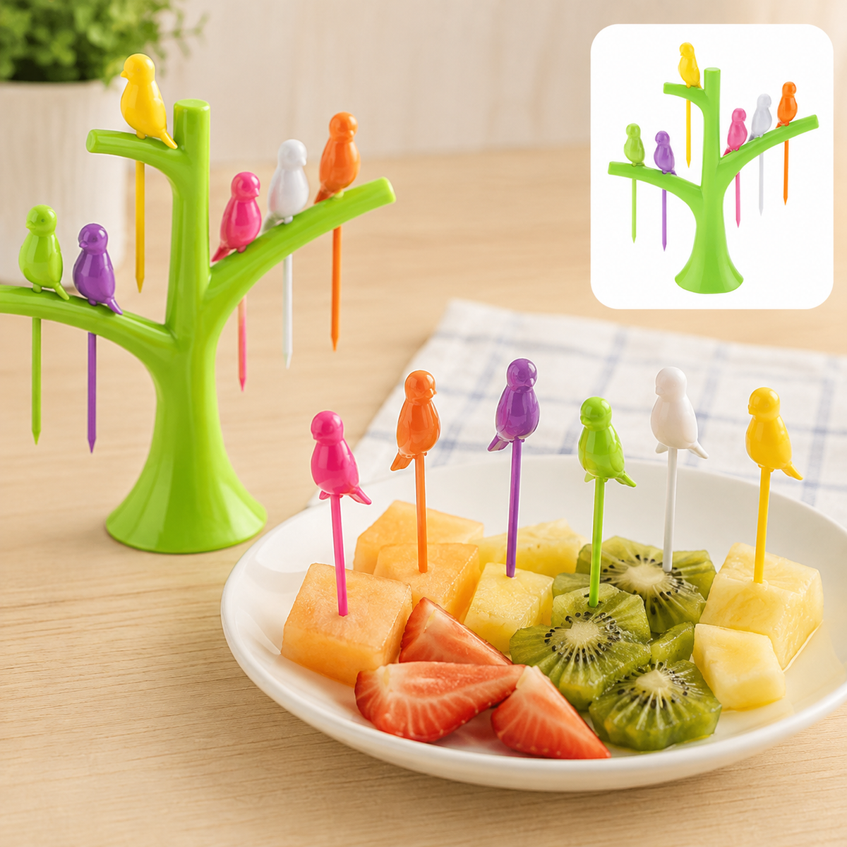 Bird Fruit Forks with Tree Holder – Cute Kids Table Decor – close-up