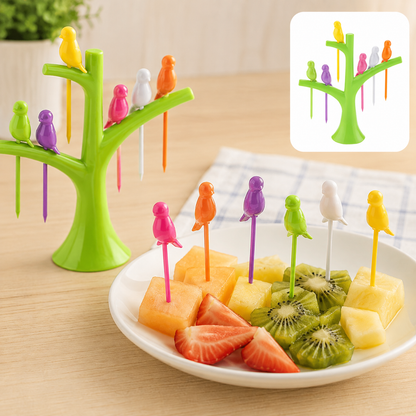 Bird Fruit Forks with Tree Holder – Cute Kids Table Decor – close-up