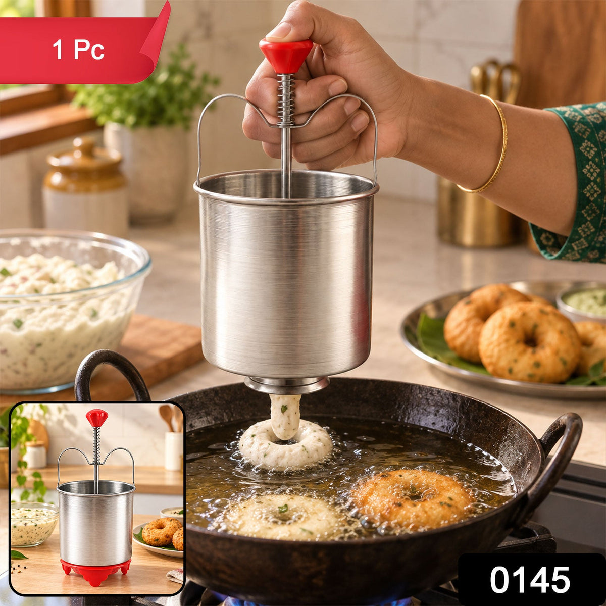 Medu Wada Maker – Stainless Steel Donut Dispenser – side view