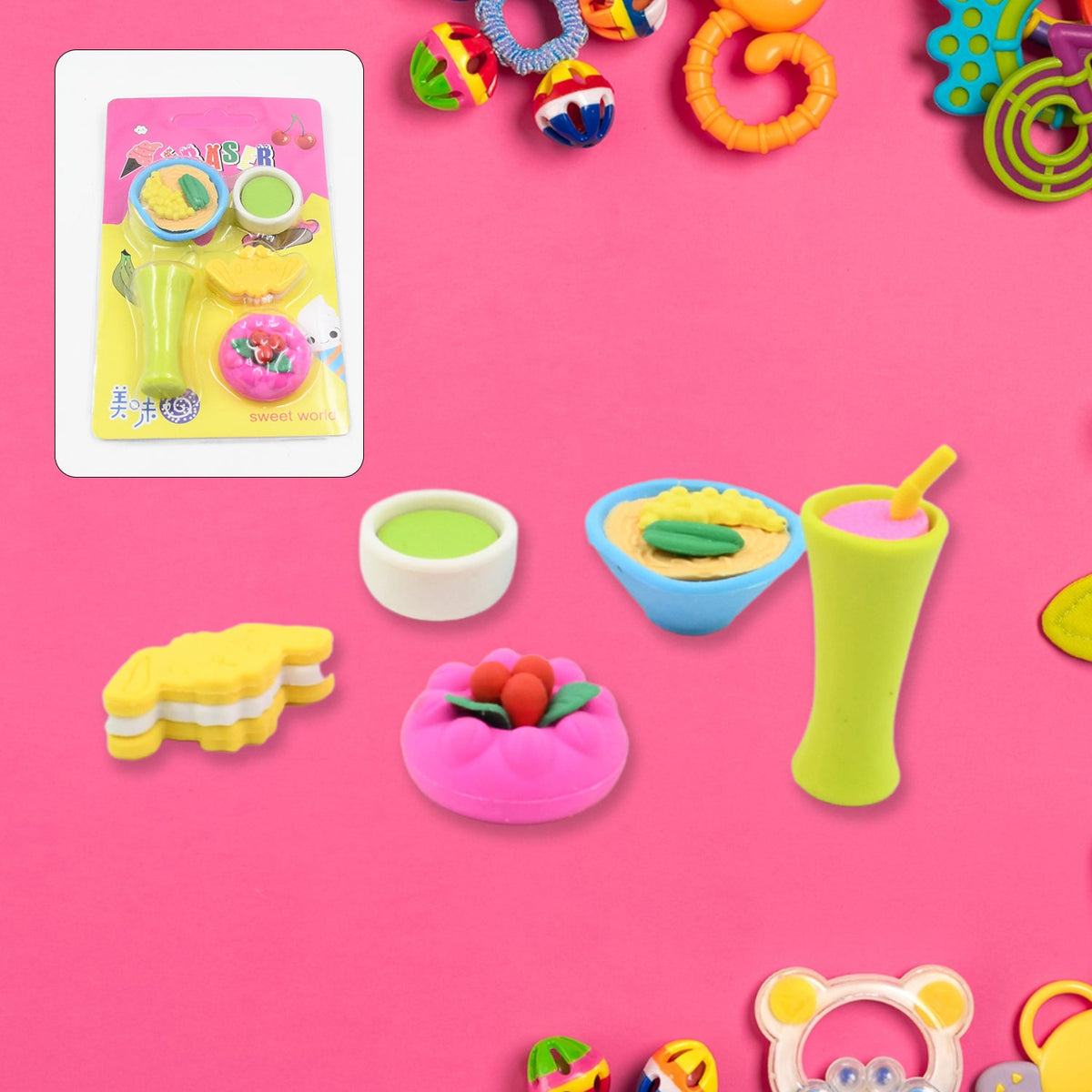 Fancy Erasers for Kids – 3D Mix Design Colorful set – close-up