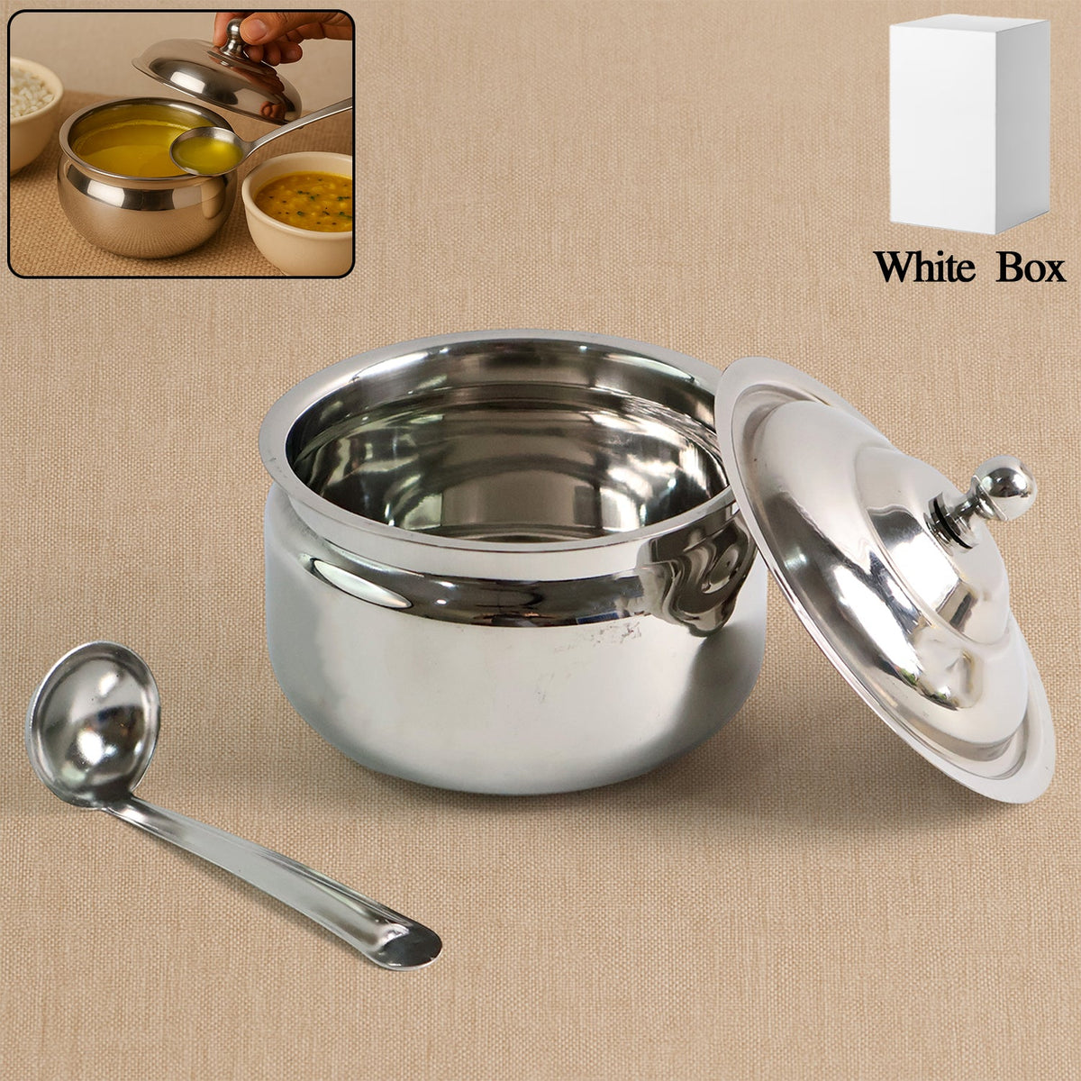 Stainless Steel Ghee Pot with Lid & Spoon – Mirror Finish – close-up