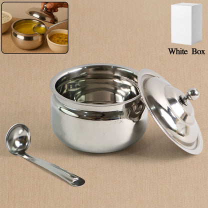 Stainless Steel Ghee Pot with Lid & Spoon – Mirror Finish – close-up