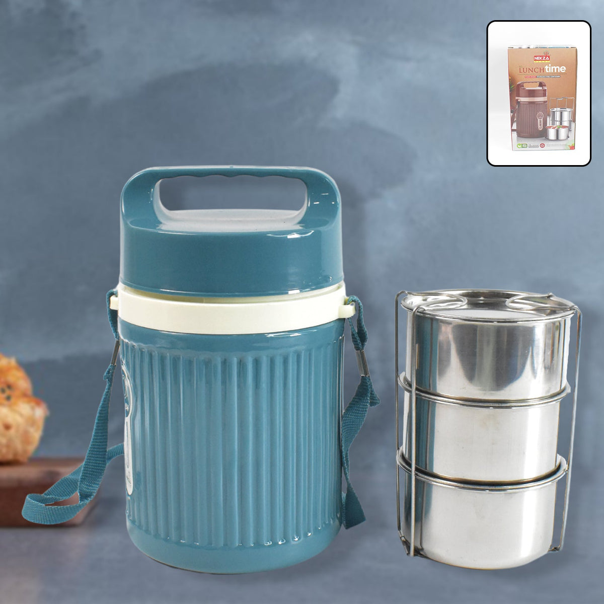 Insulated Stainless Steel Tiffin – 3 Compartment Leakproof – close-up