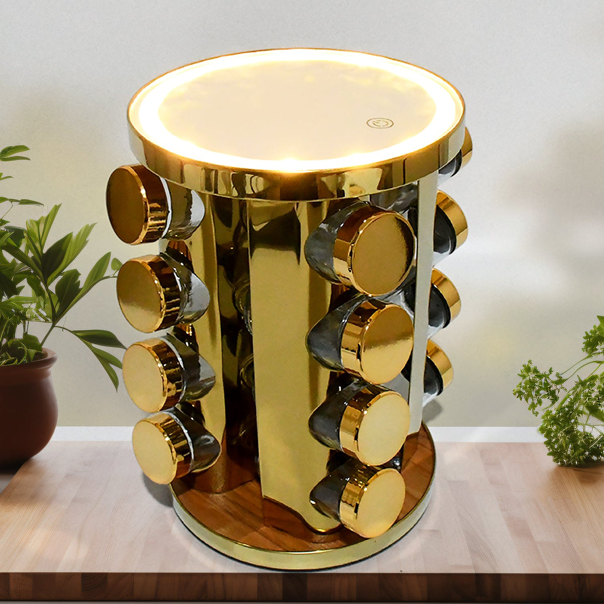Rotating Spice Rack – LED Illuminated, 16 Jars, Golden – detail view
