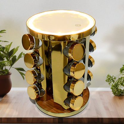 Rotating Spice Rack – LED Illuminated, 16 Jars, Golden – detail view