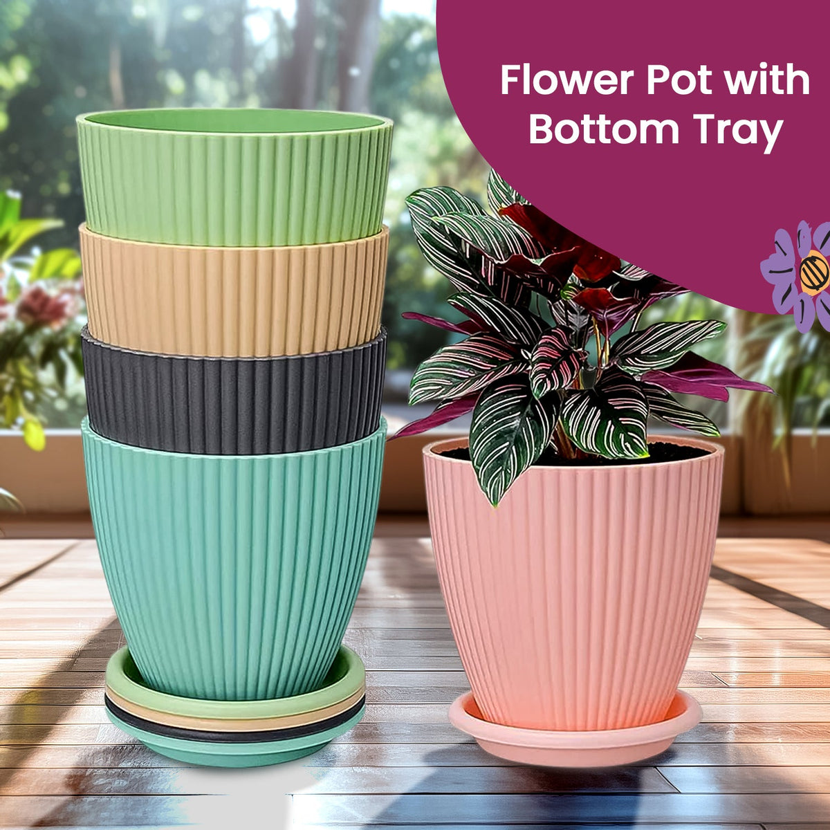 Plastic Flower Pot set – 5 Durable Planters with Trays – close-up