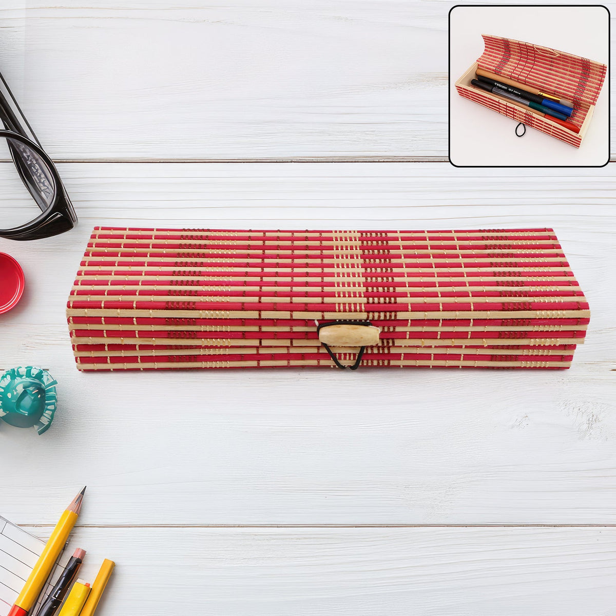 Bamboo Pen & Pencil Box – Eco-Friendly Handcrafted Organizer – close-up