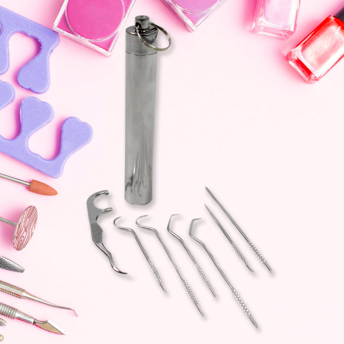 Stainless Steel Toothpick set – 7-in-1 Portable Dental Kit – close-up