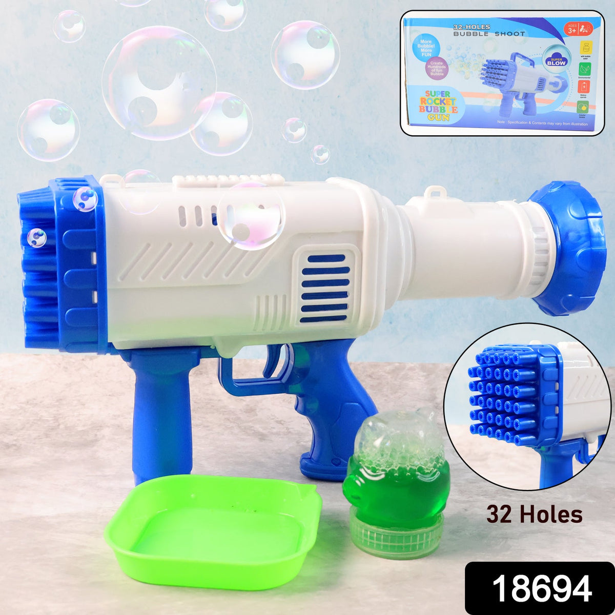 Bubble Gun for Kids – 32 Holes, Powerful Blaster – side view