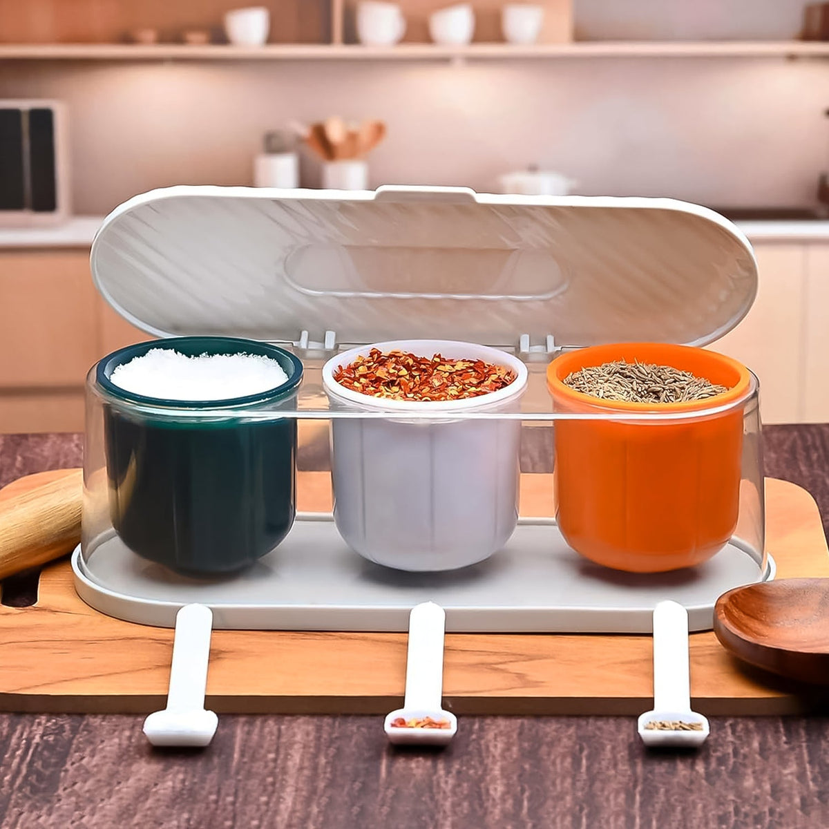 Spice Box – 3-Grid Masala Storage with Spoons – detail view