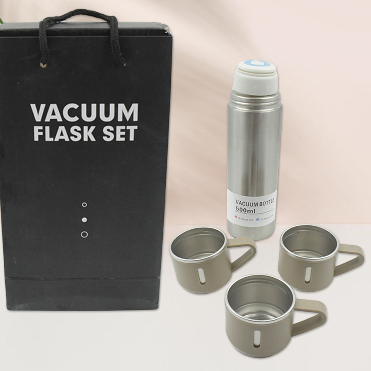 Stainless Steel Vacuum Flask set for Men with 3 Cups 500 ml – detail view