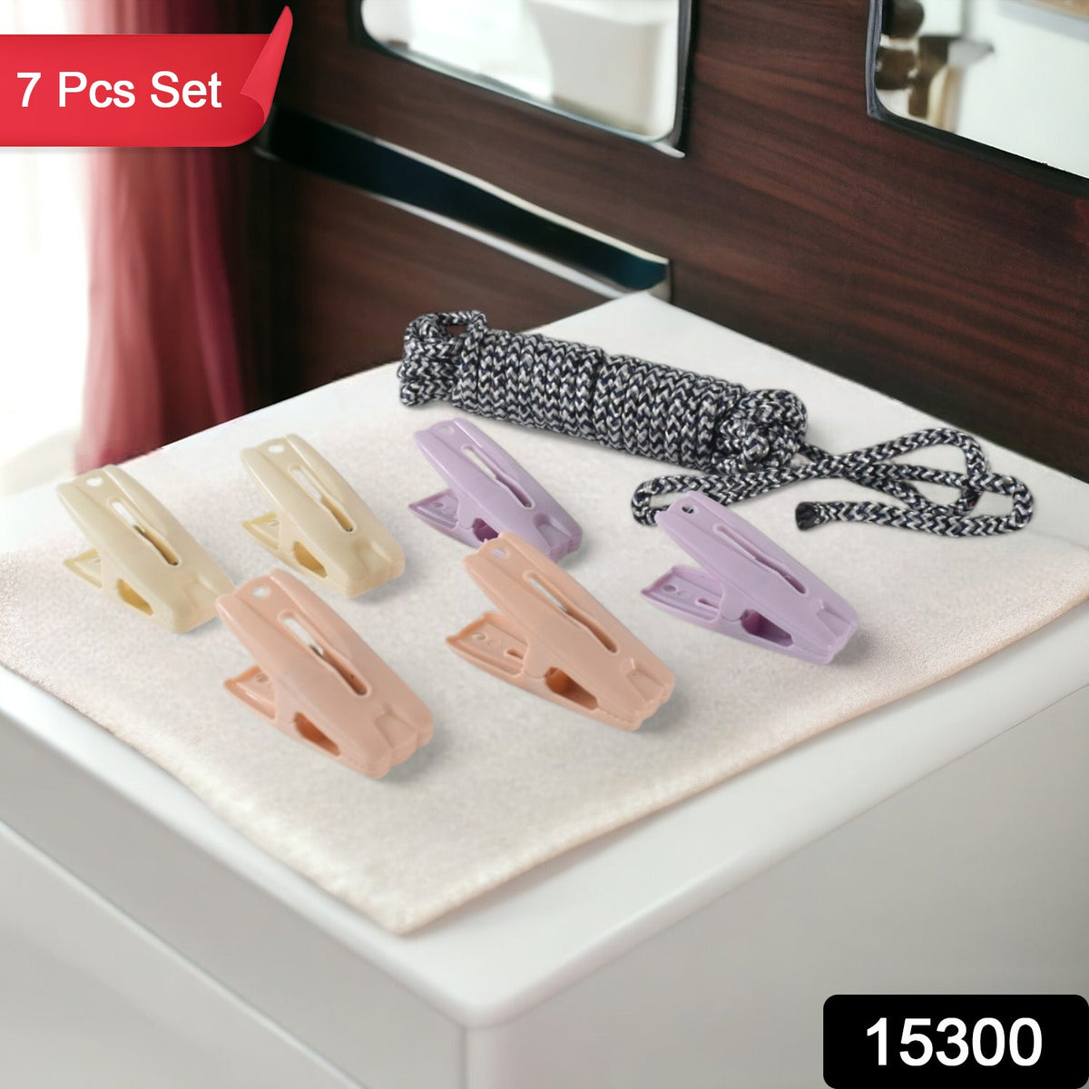 Cloth Drying Rope with Clips – Durable 7-Piece Hanging set – side view