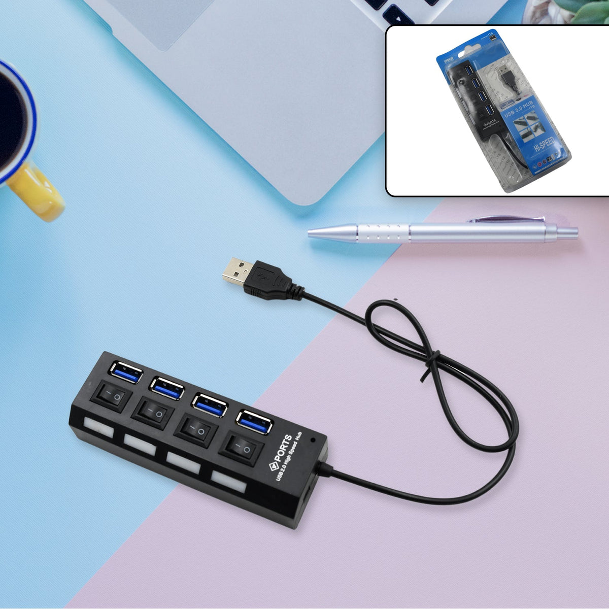 4 Port USB Hub – High-Speed 2.0 Splitter with Switches