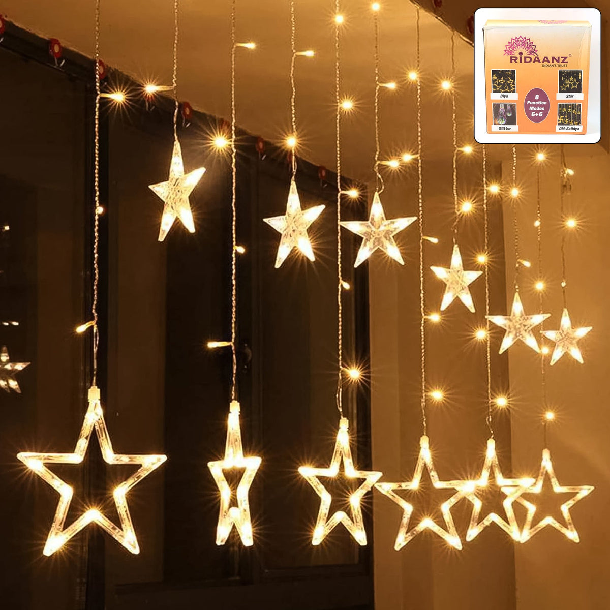 LED Curtain Lights – 12 Star Warm White for Home & Diwali