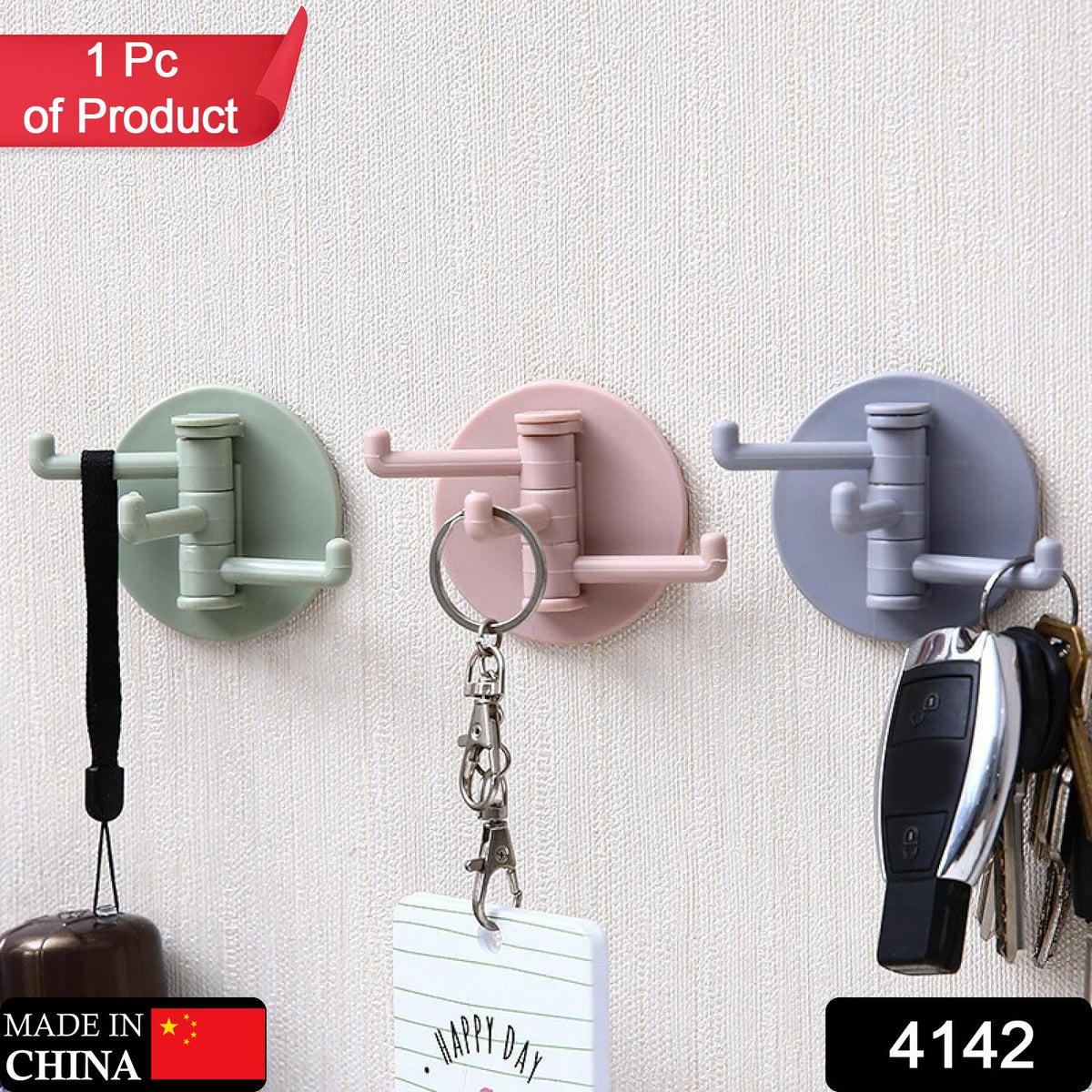 Punch-Free Sticky Hook – 3-Hook Rotating Organizer