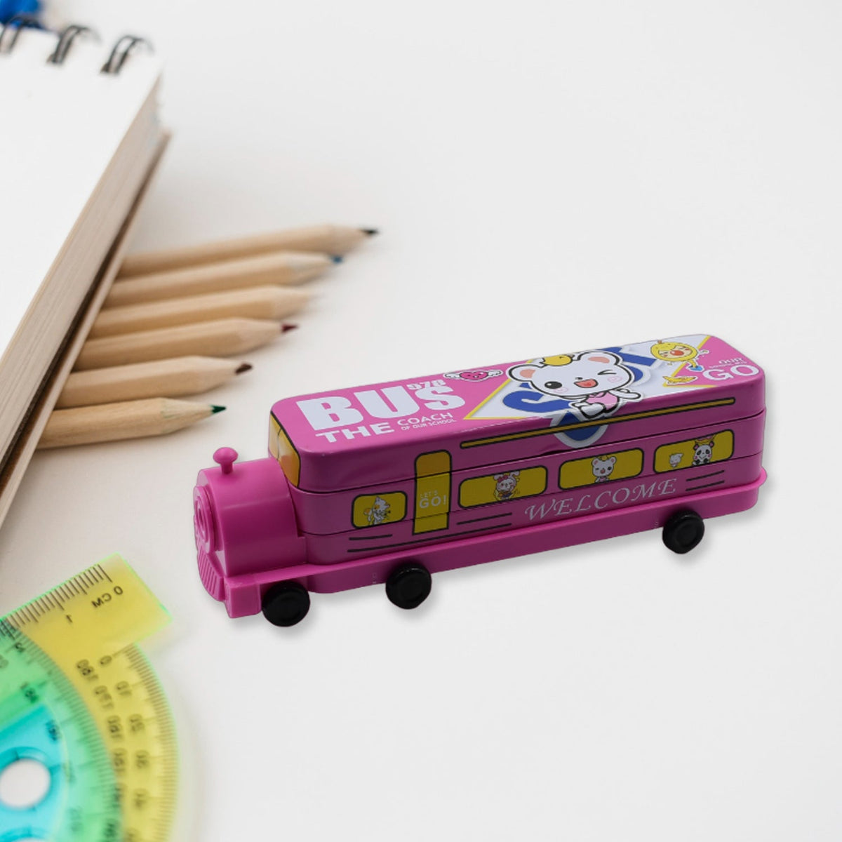 Metal Bus Pencil Case – Double Decker with Sharpener – close-up