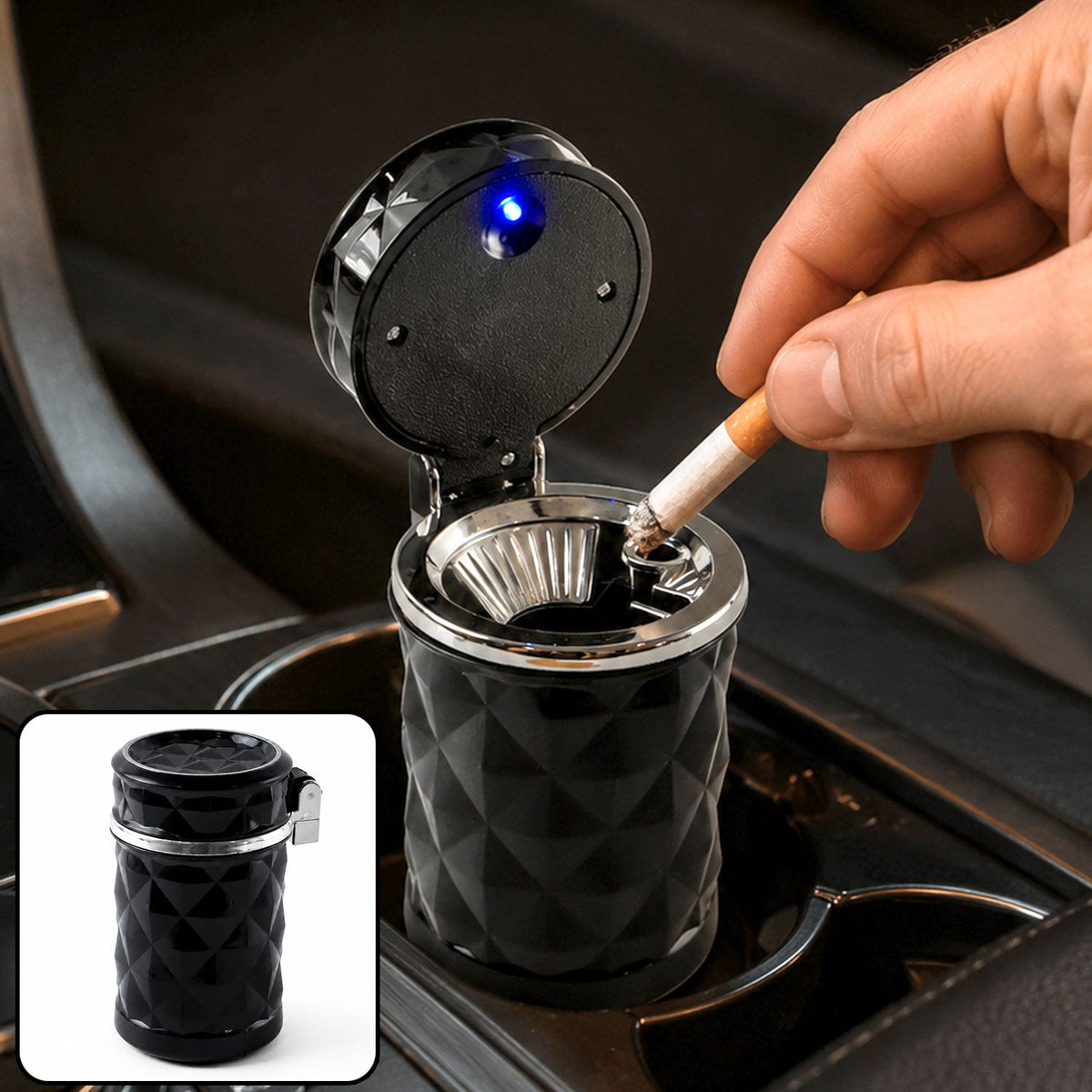 Car Cupholder Ashtray – LED Light, Lid & Portable Bin