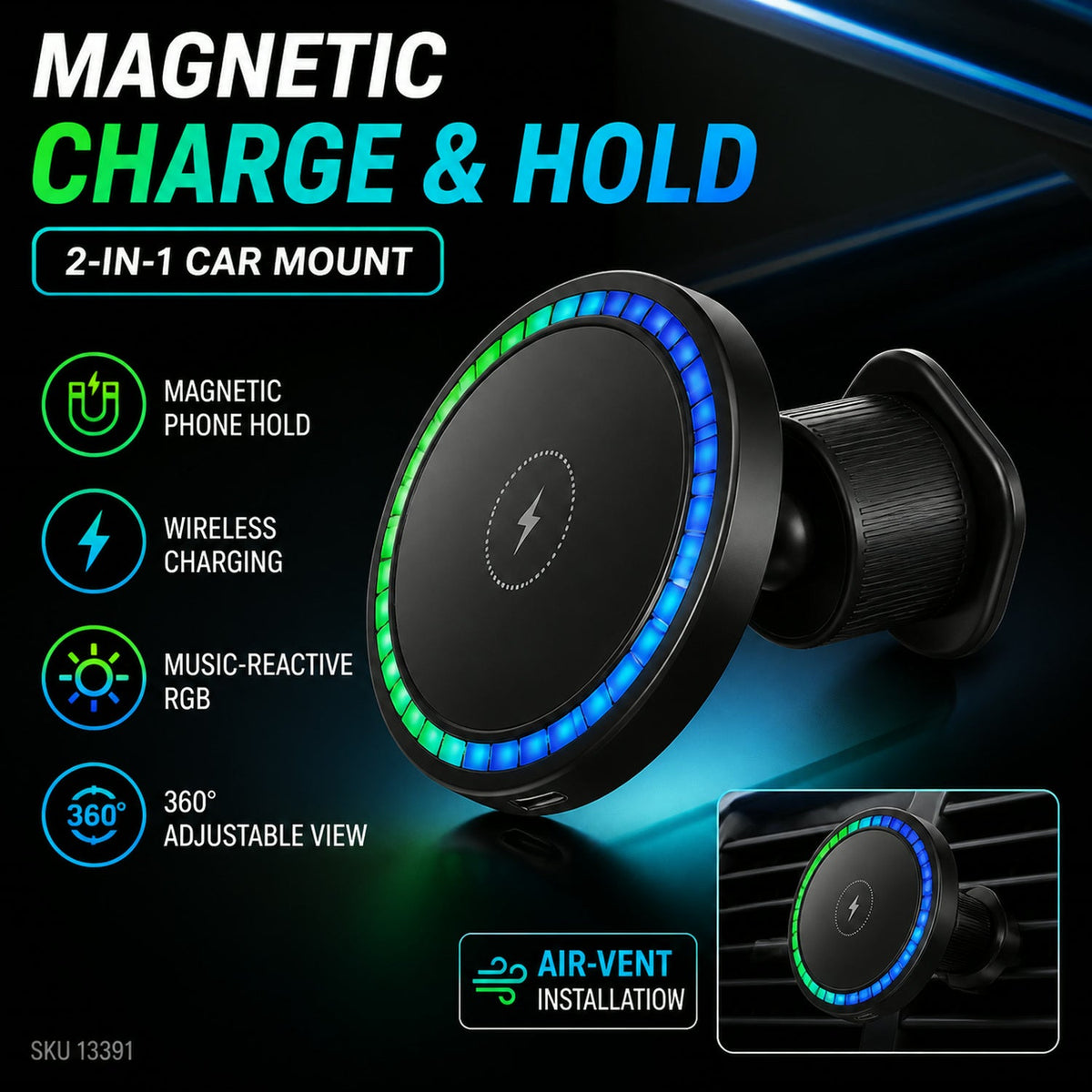 Magnetic Car Charger – Wireless Phone Mount with RGB Lights – view 6