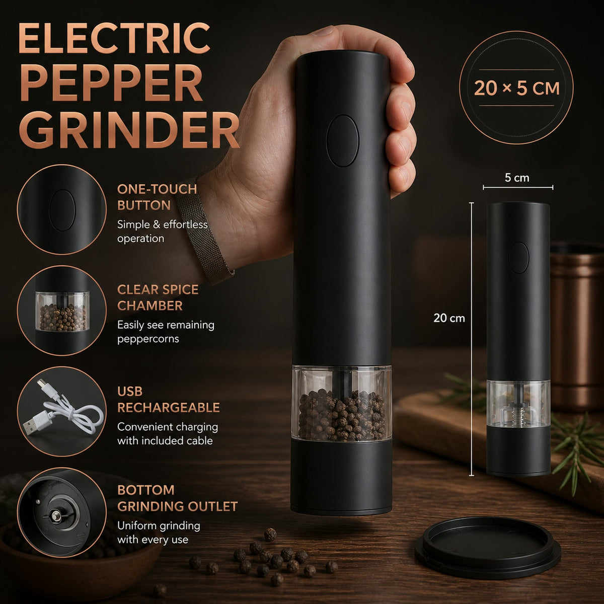 Electric Pepper Grinder – USB Rechargeable & One Touch – view 9