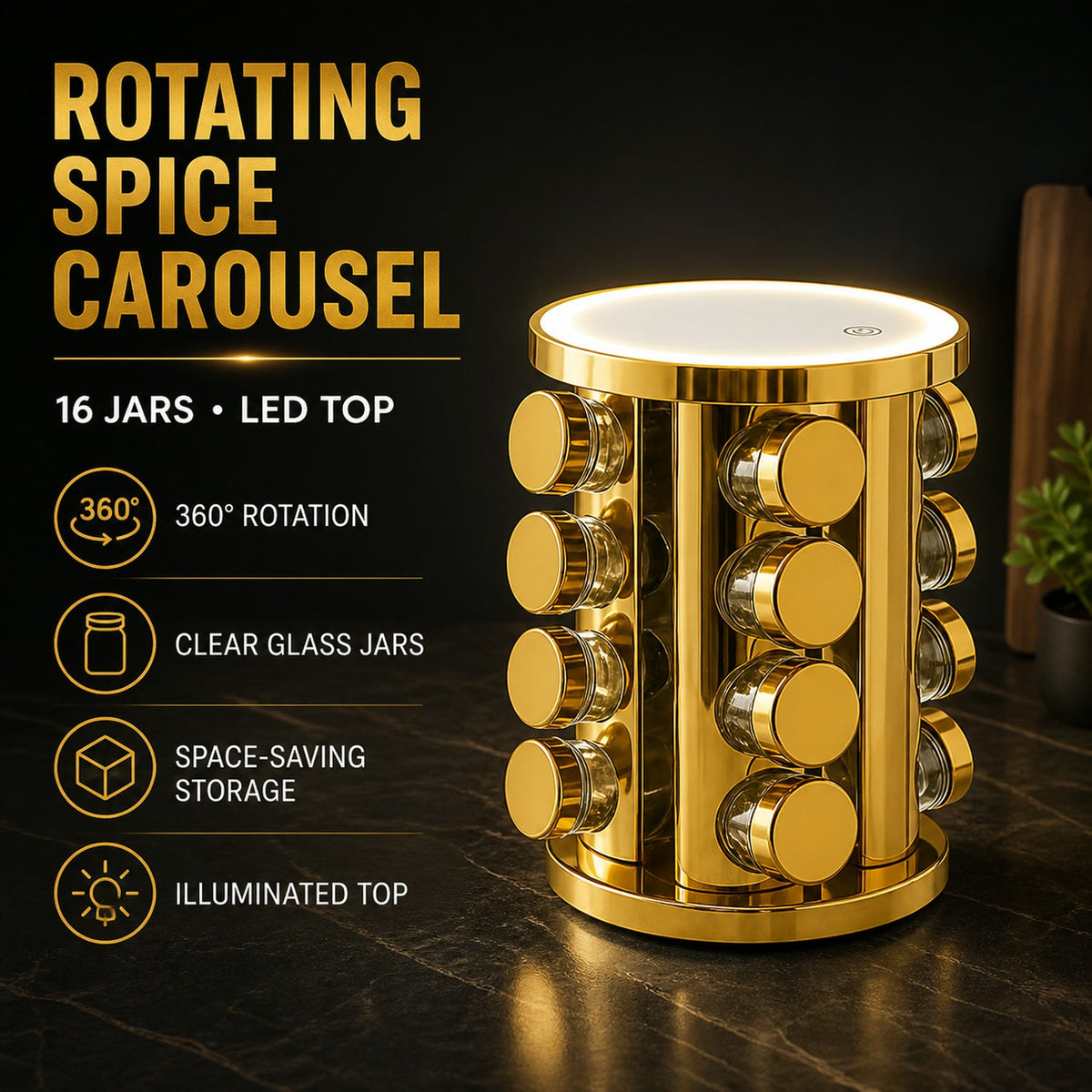 Rotating Spice Rack – LED Illuminated, 16 Jars, Golden – view 9