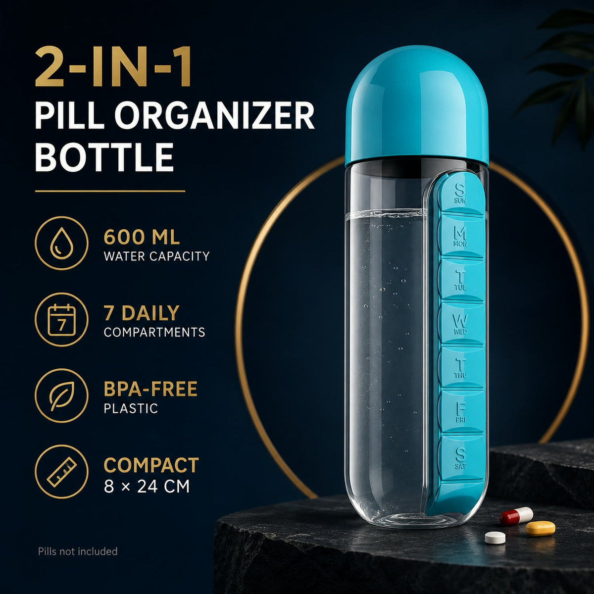 Pill Organizer Water Bottle 600ml – Travel Friendly – view 10