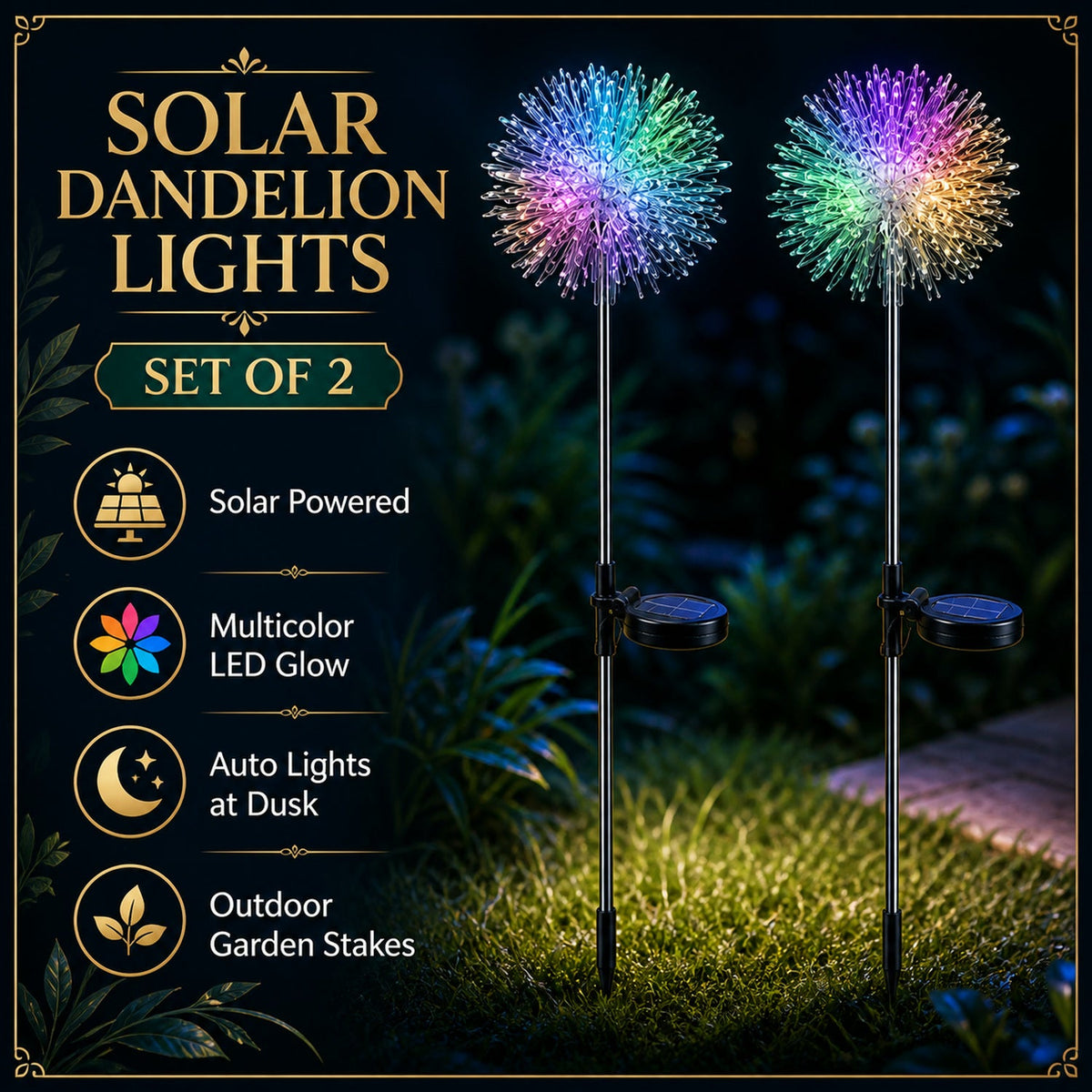 Solar Powered Dandelion Garden Lights – 2 pc Multicolor LEDs – view 11
