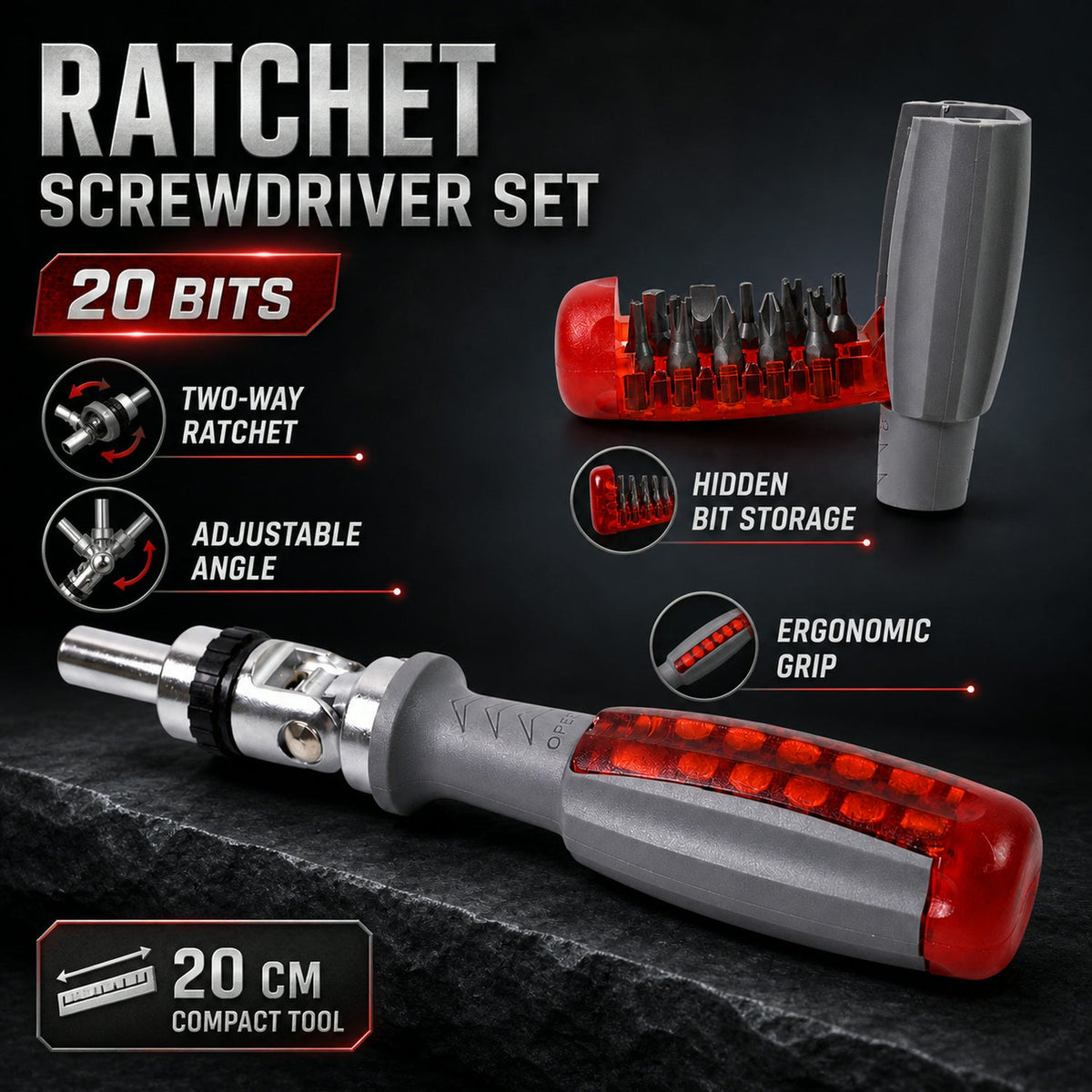 Ratchet Screwdriver set – Adjustable Angle & 20 Bits – detail view