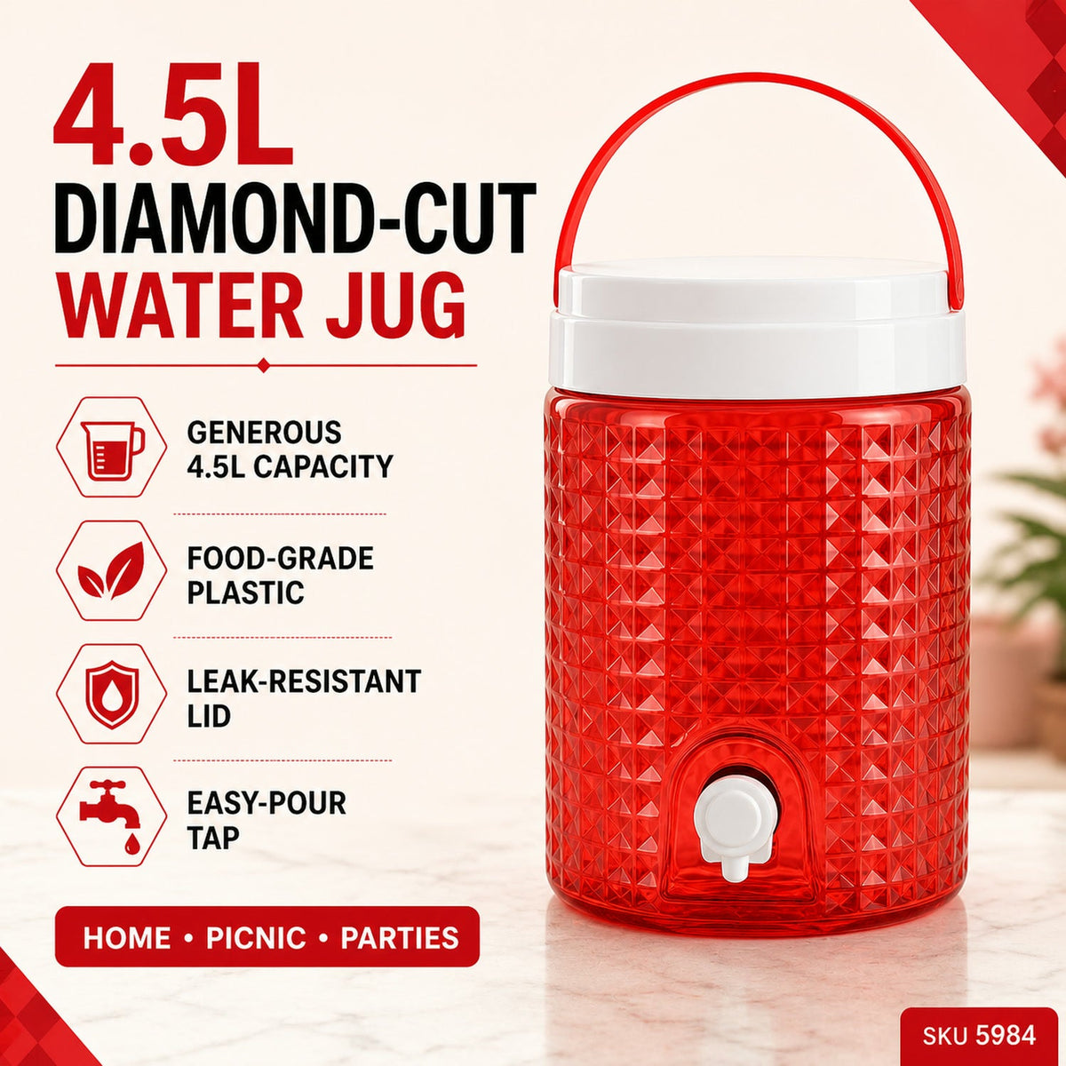Plastic Water Jug 4.5 Litre – Diamond Cut & Leakproof – view 7