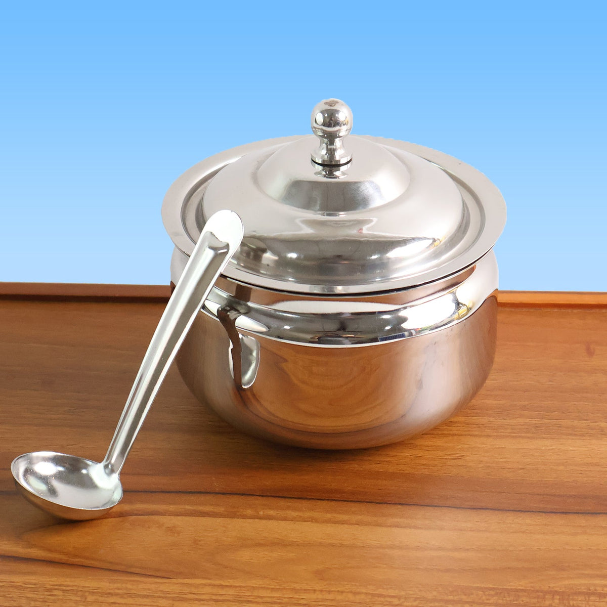 Stainless Steel Ghee Pot with Lid & Spoon – Mirror Finish – view 7