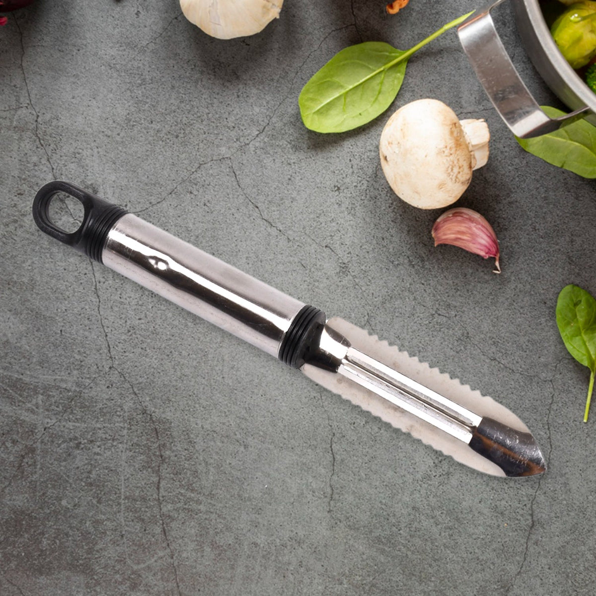 Stainless Steel Kitchen Gadget set – 5-Pc Peeler, Grater – close-up
