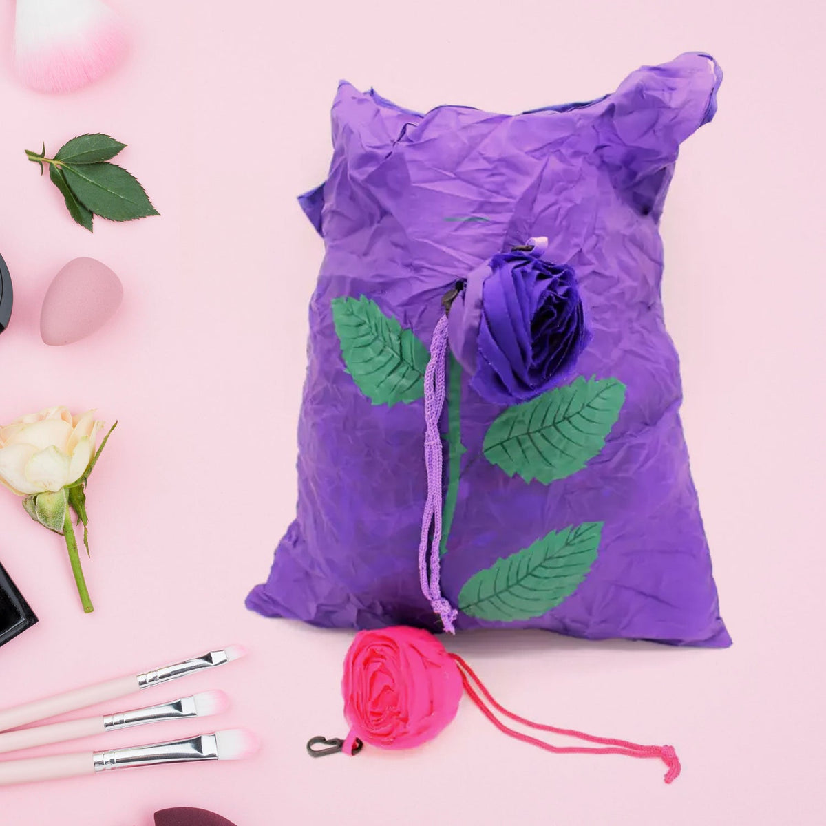 Foldable Shopping Bag – Rose Design Reusable Eco Tote – close-up