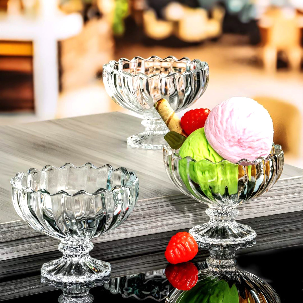 Glass Ice Cream Bowls – set of 6 Clear Dessert Cups – close-up