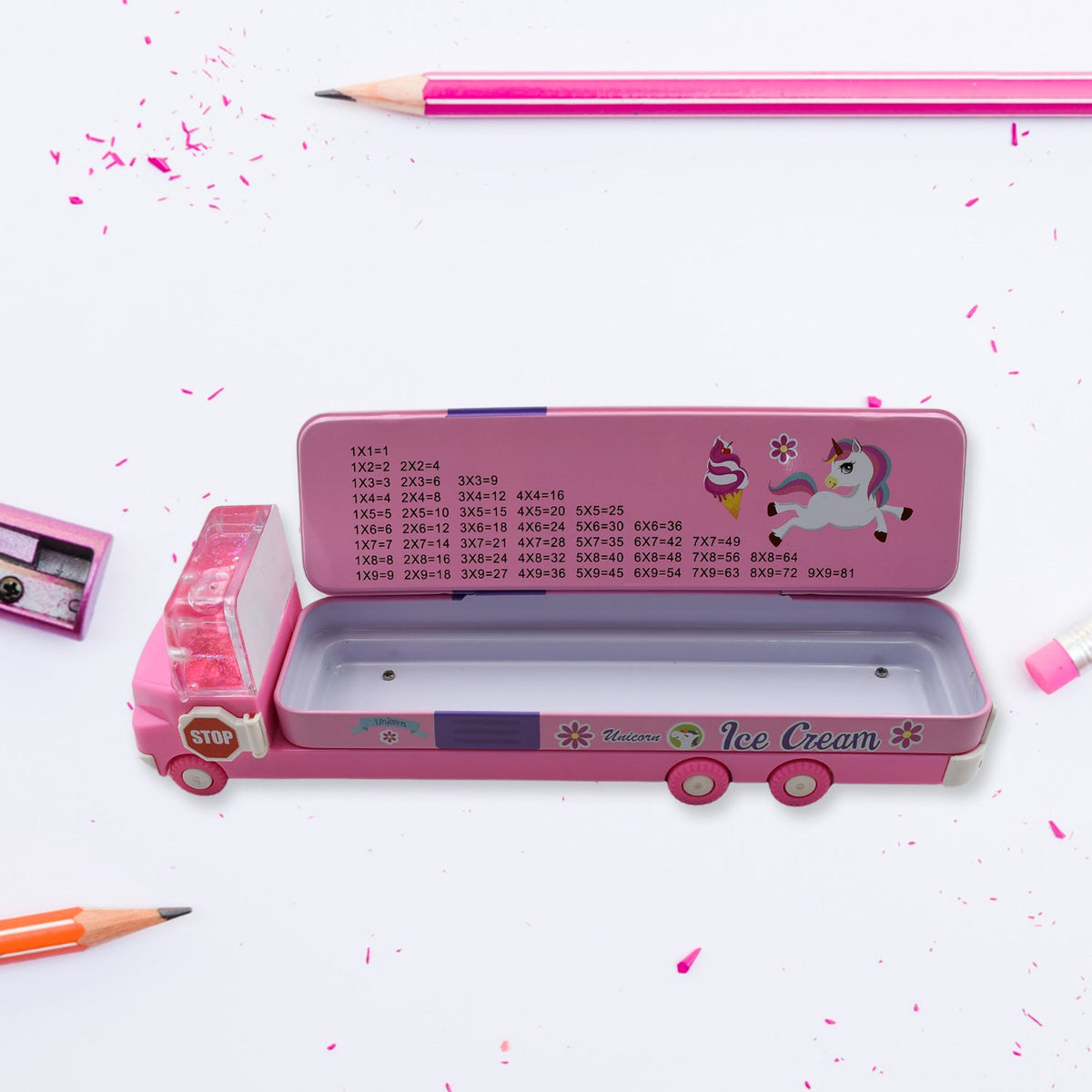 Kids Truck Pencil Case – Multi-Level Metal Double Decker – close-up