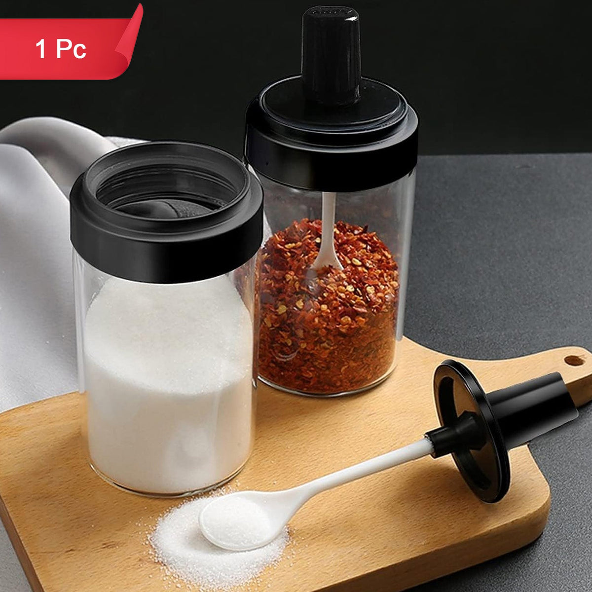 Glass Spice Jar – Attached Spoon & Leakproof Lid – side view