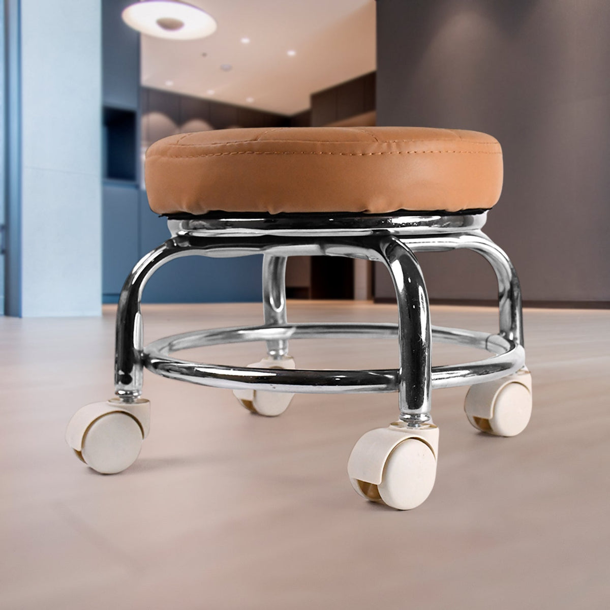 Rolling Stool with Steel Base & Cushioned Seat – Indo Glow – close-up