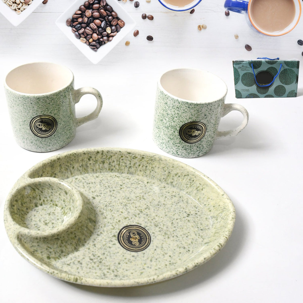 Ceramic Tea/Coffee Cup set – 3-Piece with Platter