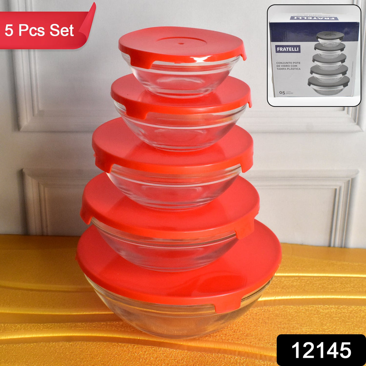 Glass Bowl set – 5 pcs Mixing & Storage with Lids – side view