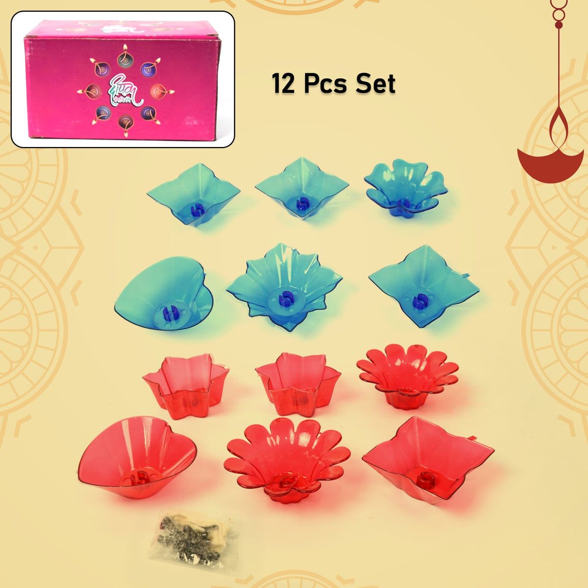 Diwali Diya set – Multicolor Plastic Candle Holders (12 Pcs) – close-up