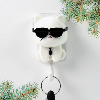 Cat Wall Hook – Cute Sunglasses Design, Self-Adhesive – close-up
