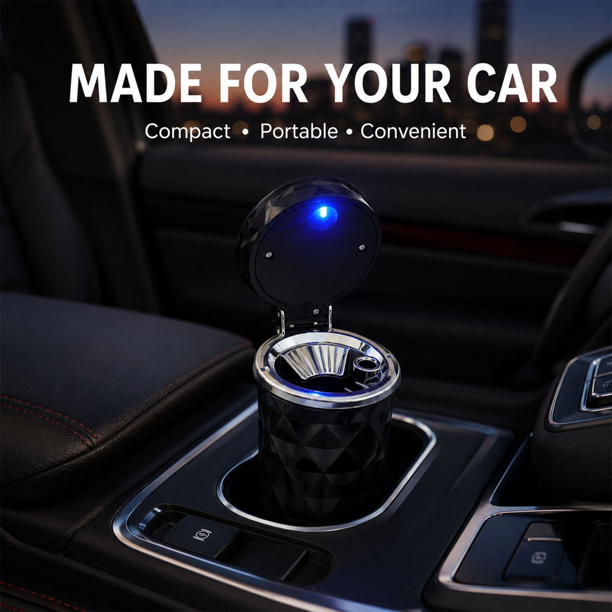 Car Cupholder Ashtray – LED Light, Lid & Portable Bin – close-up