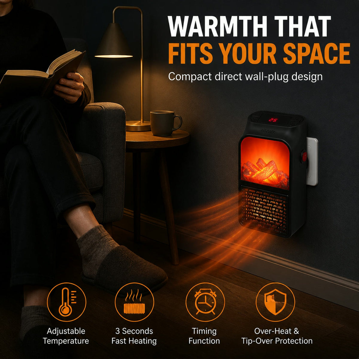 Electric Fireplace Heater – Realistic LED Flame – view 11