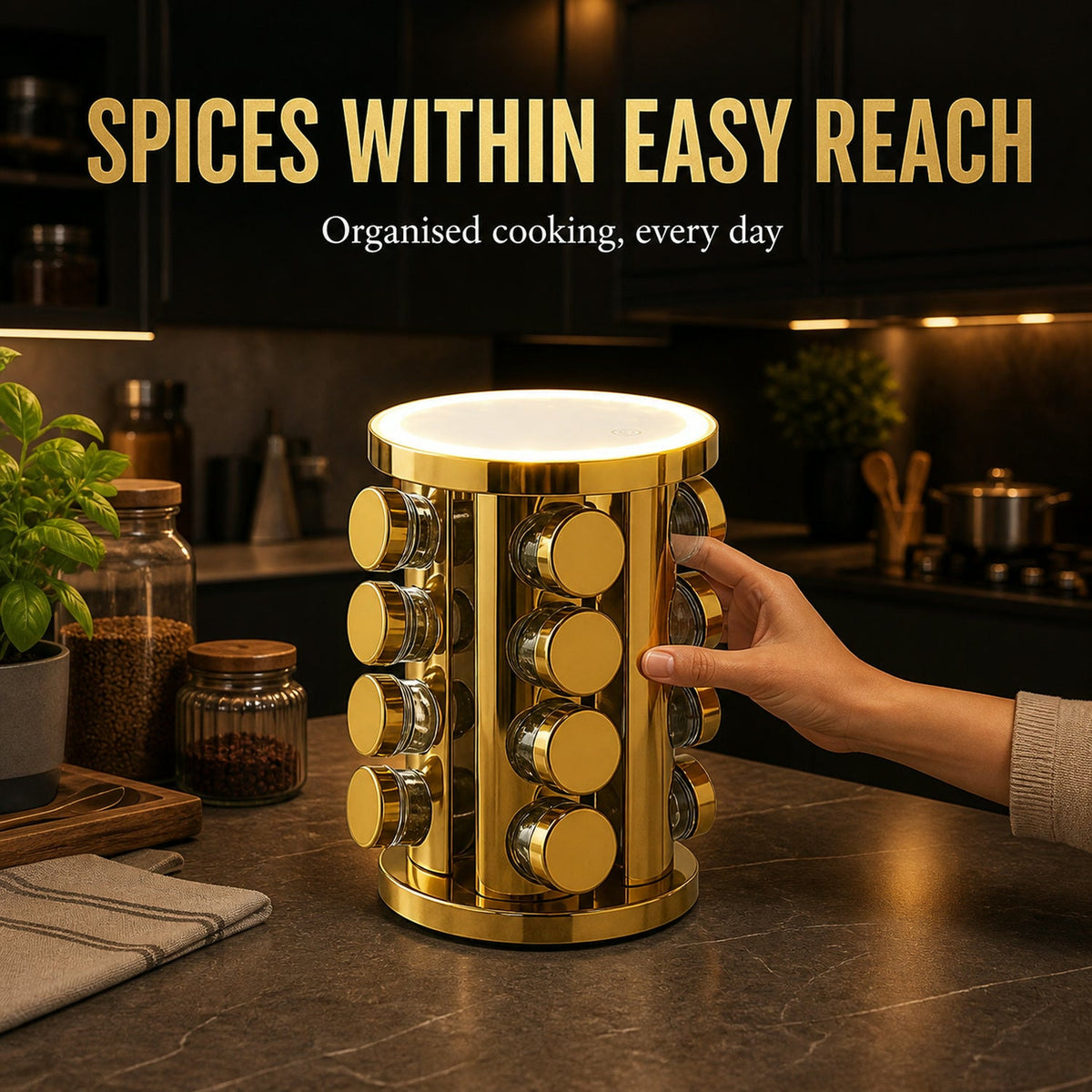 Rotating Spice Rack – LED Illuminated, 16 Jars, Golden – view 10