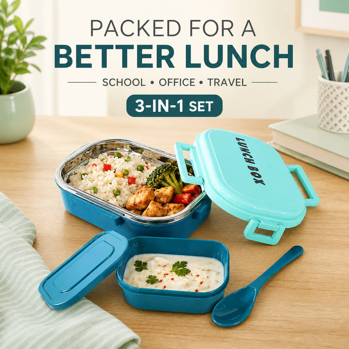 Stainless Steel Lunch Box – 3-in-1 Leakproof set – view 7