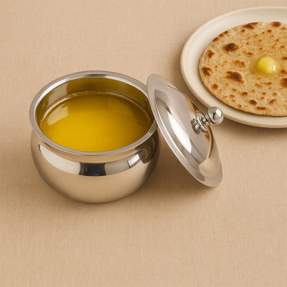 Stainless Steel Ghee Pot with Lid & Spoon – Mirror Finish – view 8