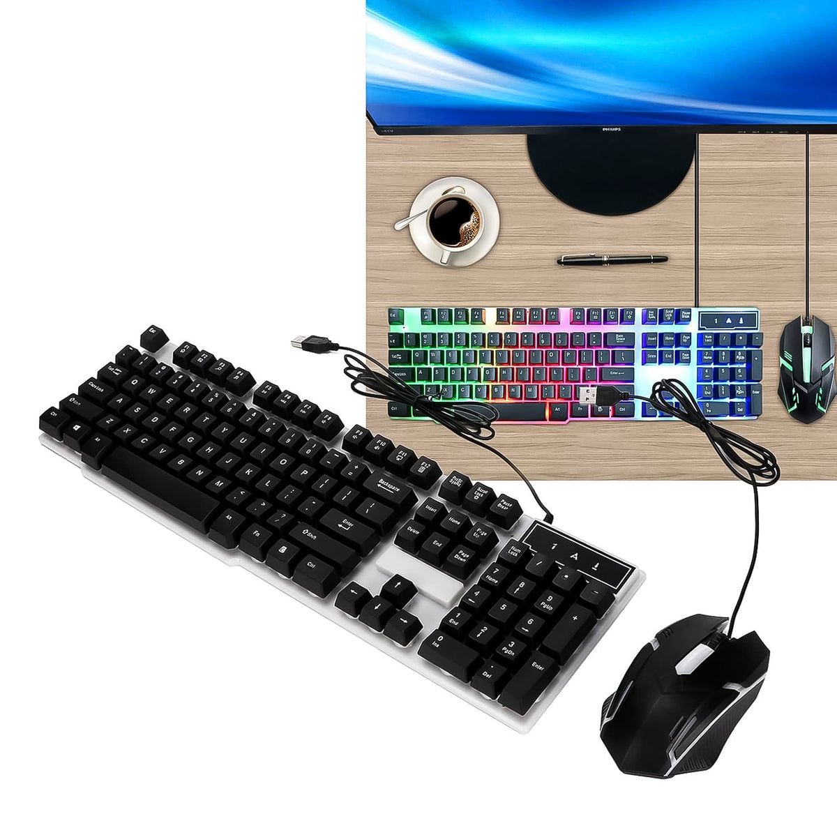 Colorful Backlit Keyboard Mouse set – Ergonomic Wired Combo – view 7