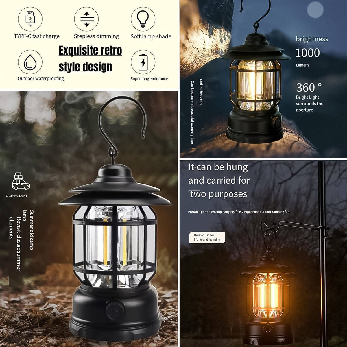 Rechargeable LED Camping Lantern – Retro Dimmable Light – alternate view