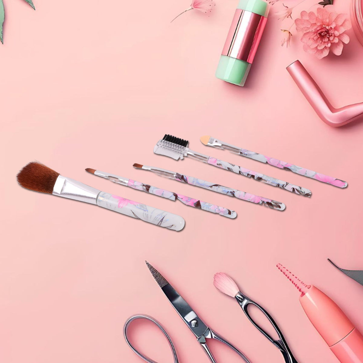 Makeup Brush set – 5-Piece Floral Face, Eyes & Lips Kit – close-up