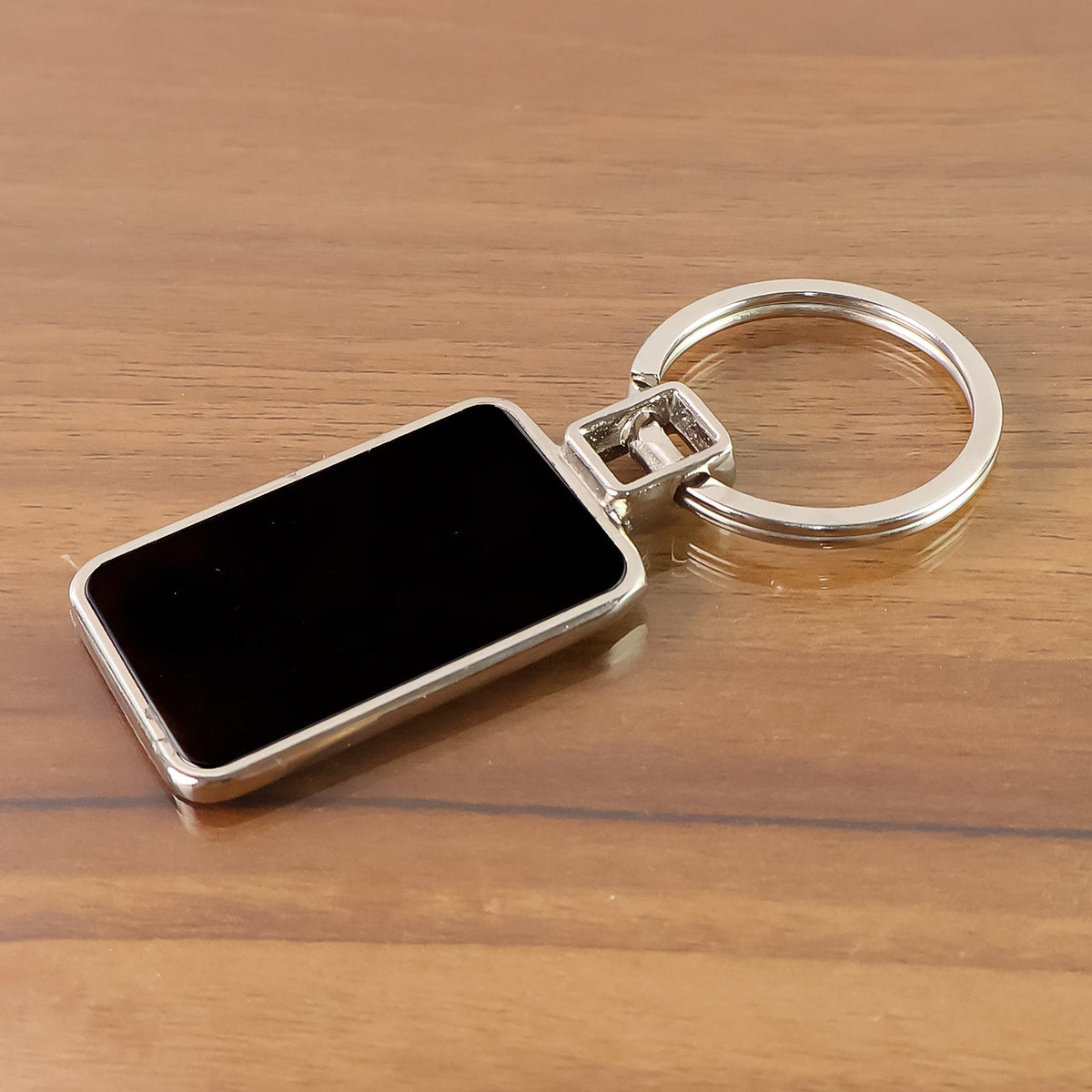 Rectangular Metal Keychain – Durable Black & Silver Design – close-up