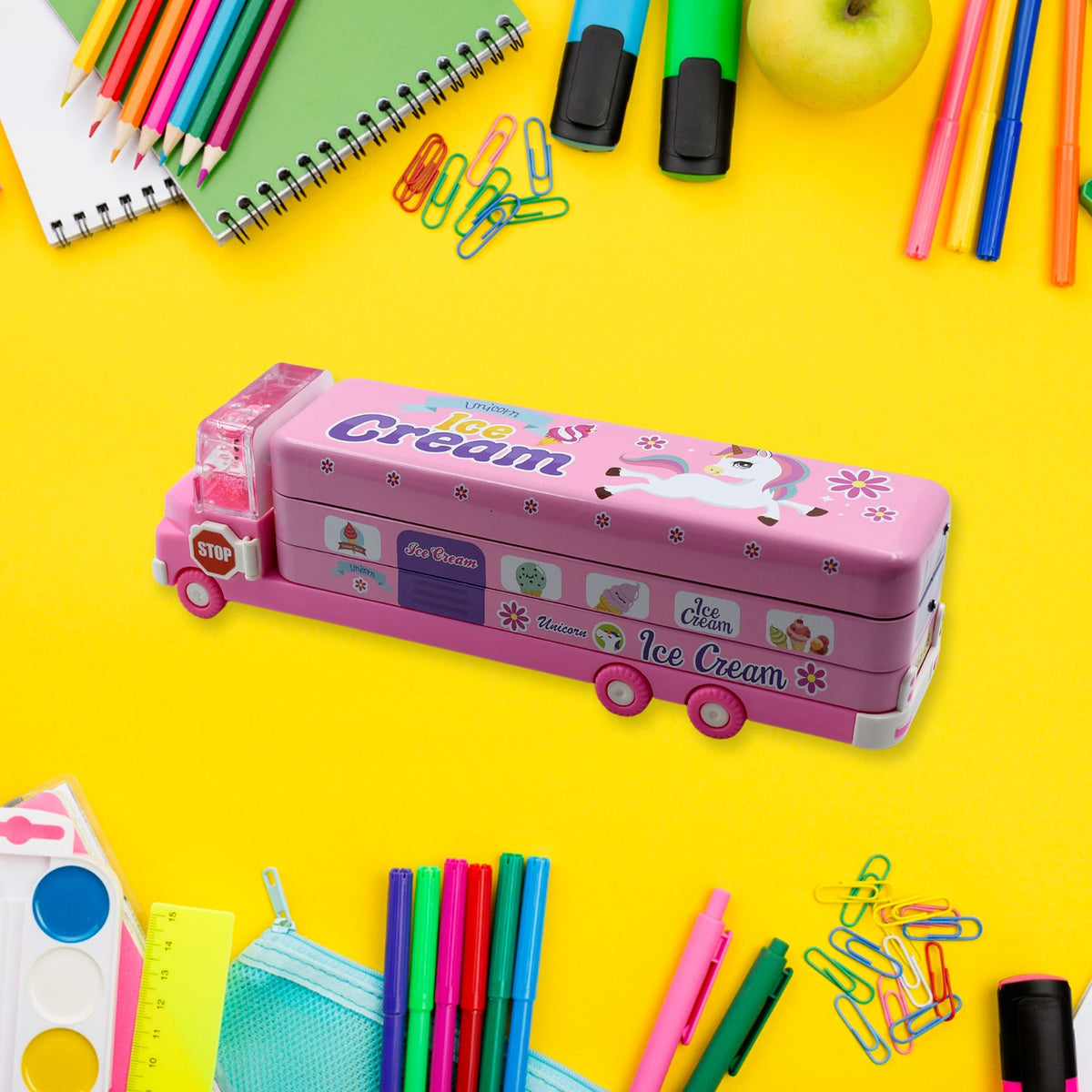Kids Truck Pencil Case – Multi-Level Metal Double Decker – detail view